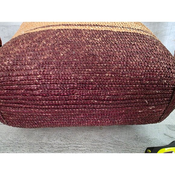 Handcrafted Straw Rattan Tote Bag 3d Floral Embroidery & Leather Wrapped Handles - Picture 6 of 11